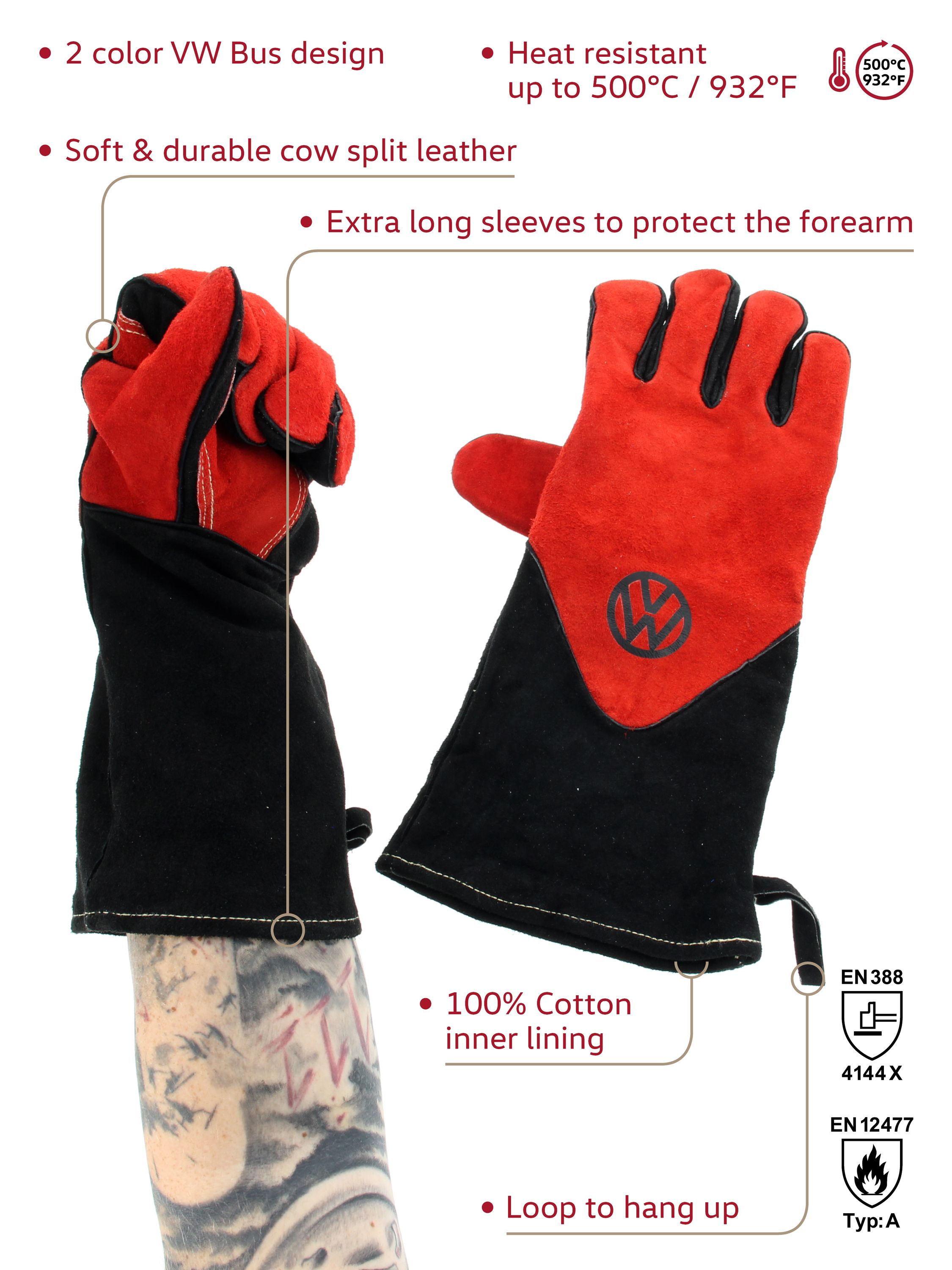 VOLKSWAGEN VW T1 Combi gants pour barbecue (paire) en boîte cadeau - cuir de vache/rouge & noir