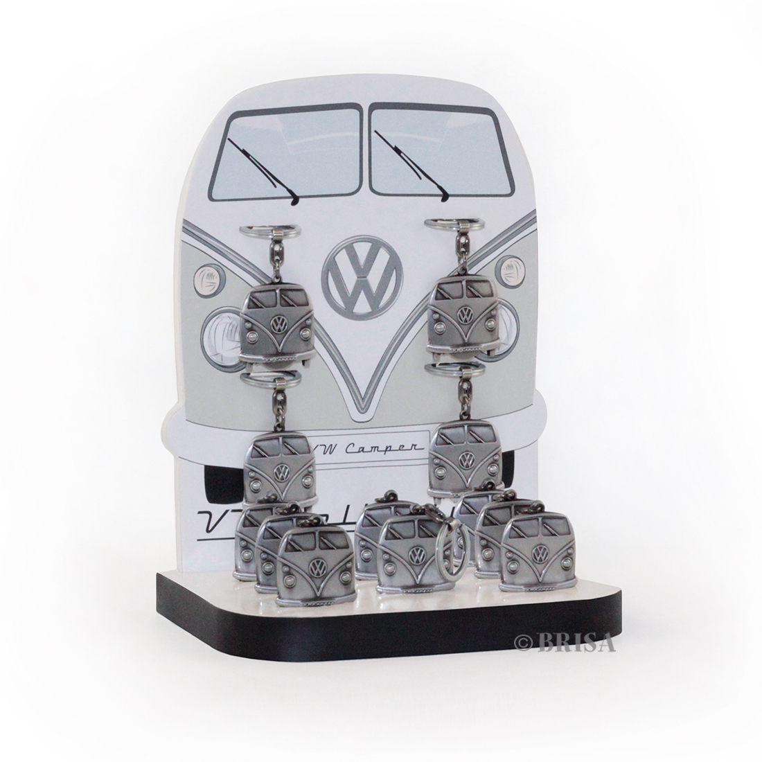 VW T1 BUS KEY HANGER WITH SHOPPING CAR CHIP IN GIFT BOX, SET OF 12 IN DISPLAY - ANTIQUE SILVER OPTICS
