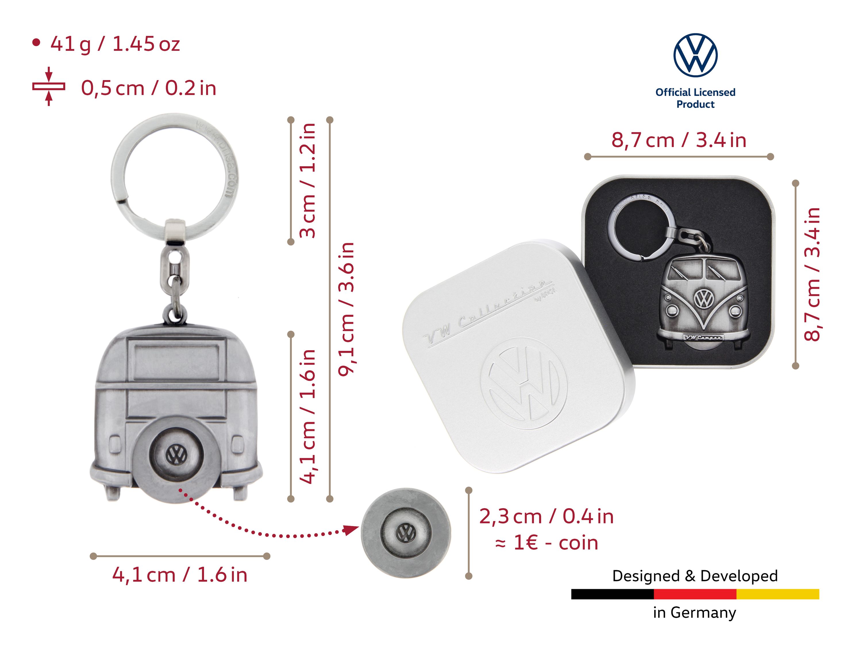 Portachiavi VW T1 Bulli Bus con chip per carrello della spesa in confezione regalo - look argento antico