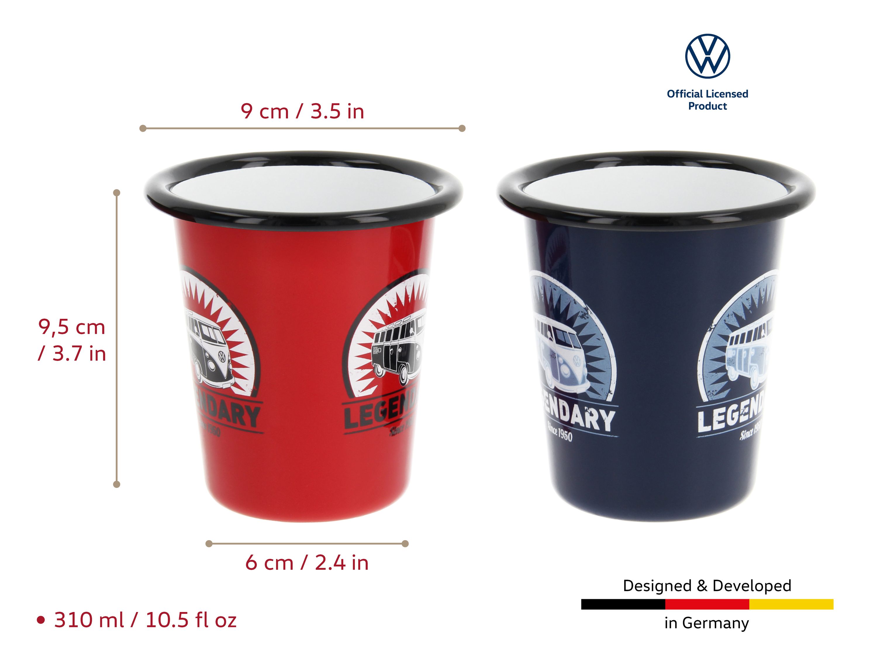VOLKSWAGEN BUS VW T1 Combi Gobelet émaillé, 2 pièces, 310ml - rouge/bleu