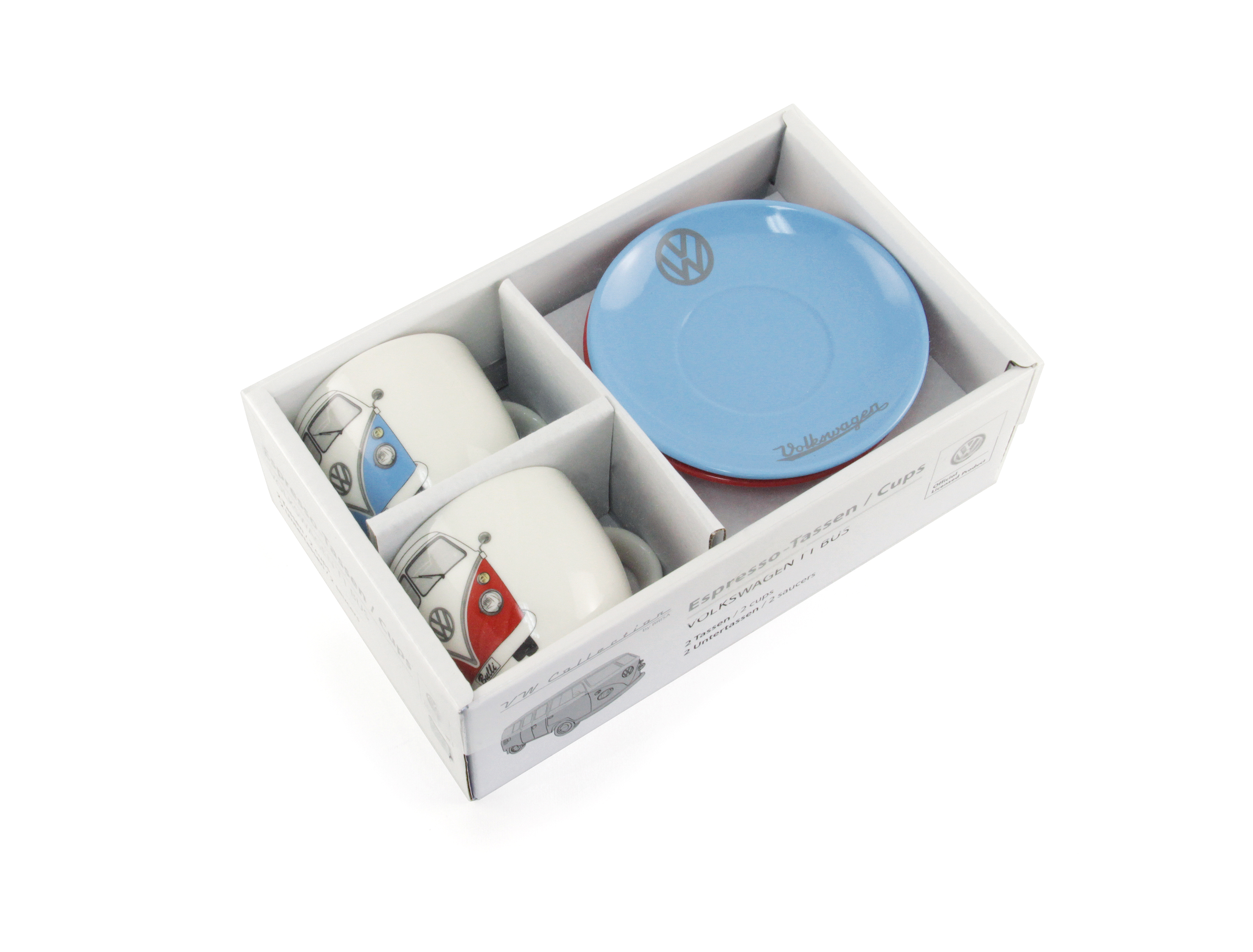 VW T1 Bus Tazzine da caffè Espresso, Set di 2 pezzi, 100ml - Fronte/rosso&blu