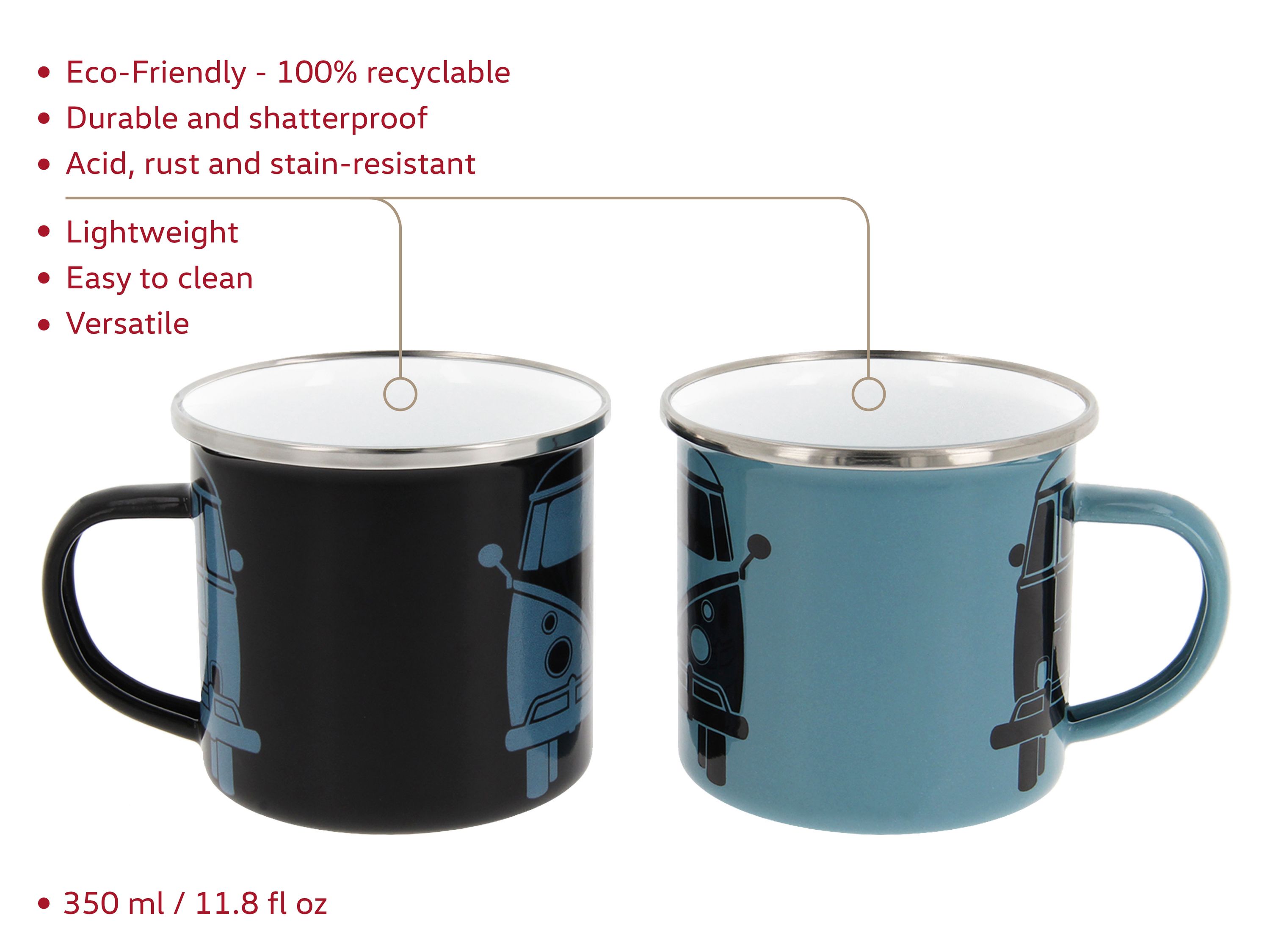 VOLKSWAGEN BUS VW T1 Combi Tasse émaillé, 2 pièces, 350ml - bleu/gris