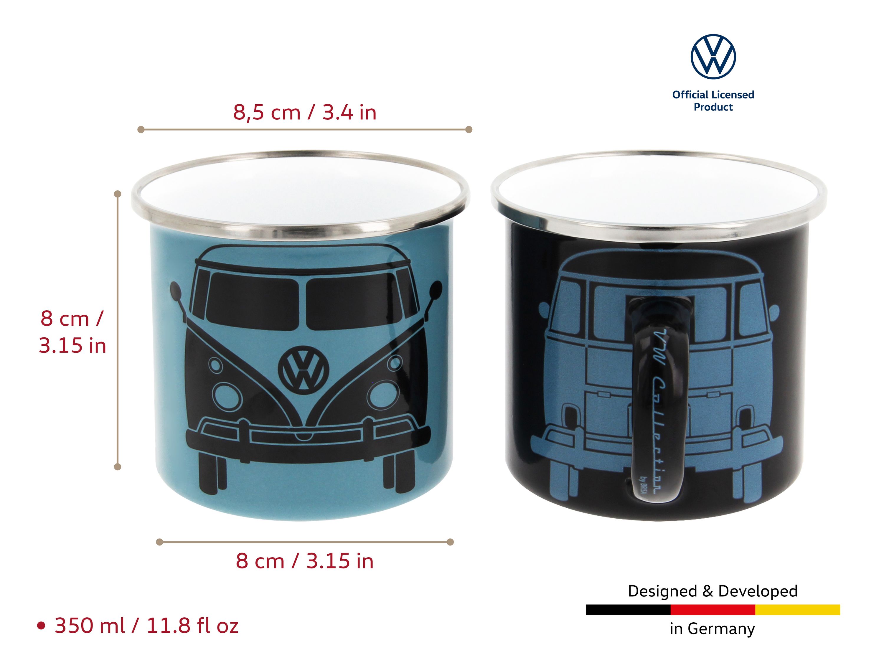 VOLKSWAGEN BUS VW T1 Combi Tasse émaillé, 2 pièces, 350ml - bleu/gris