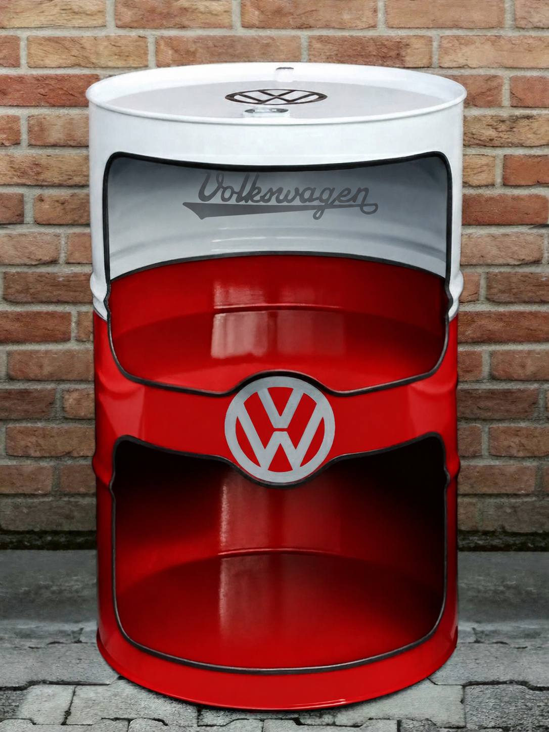 VW T1 Bus Ölfass-Vitrine mit Stehtisch (rot/weiß oder blau/weiß)
