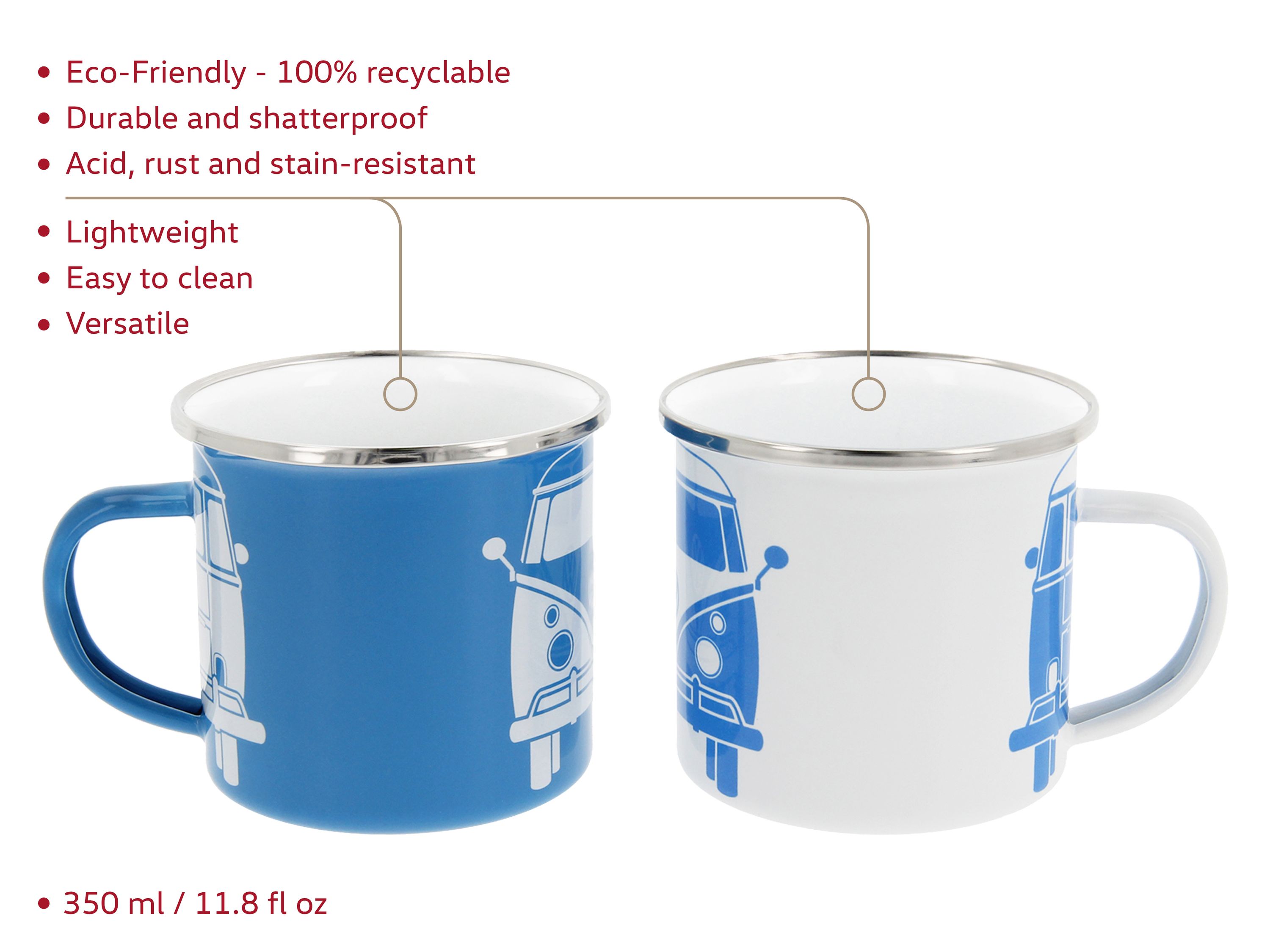 VOLKSWAGEN BUS VW T1 Combi Tasse émaillé, 2 pièces, 350ml - bleu/gris