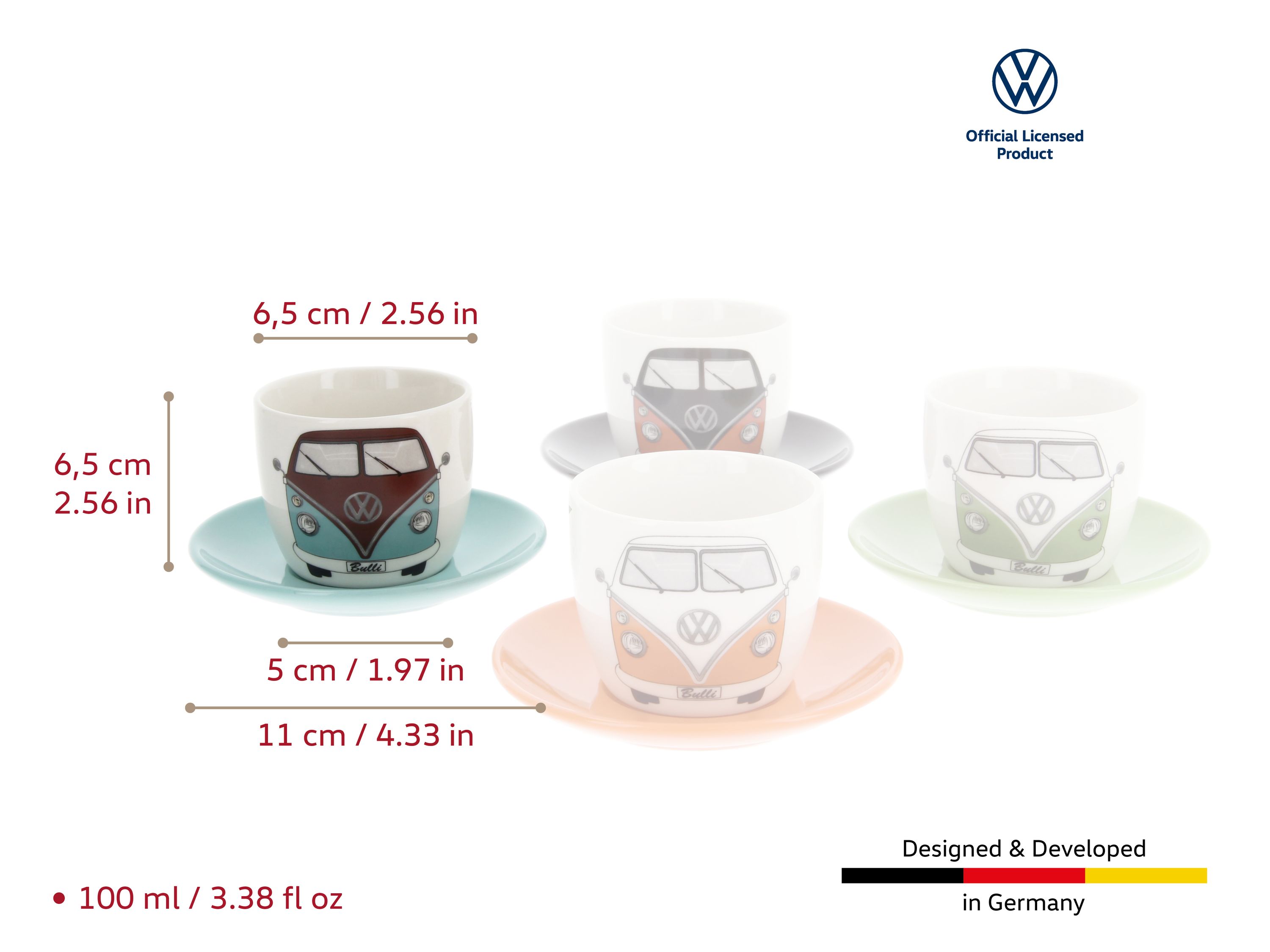 VW T1 Bus Tazas de expreso, juego de 4 piezas, 100ml - Frontal/colorido