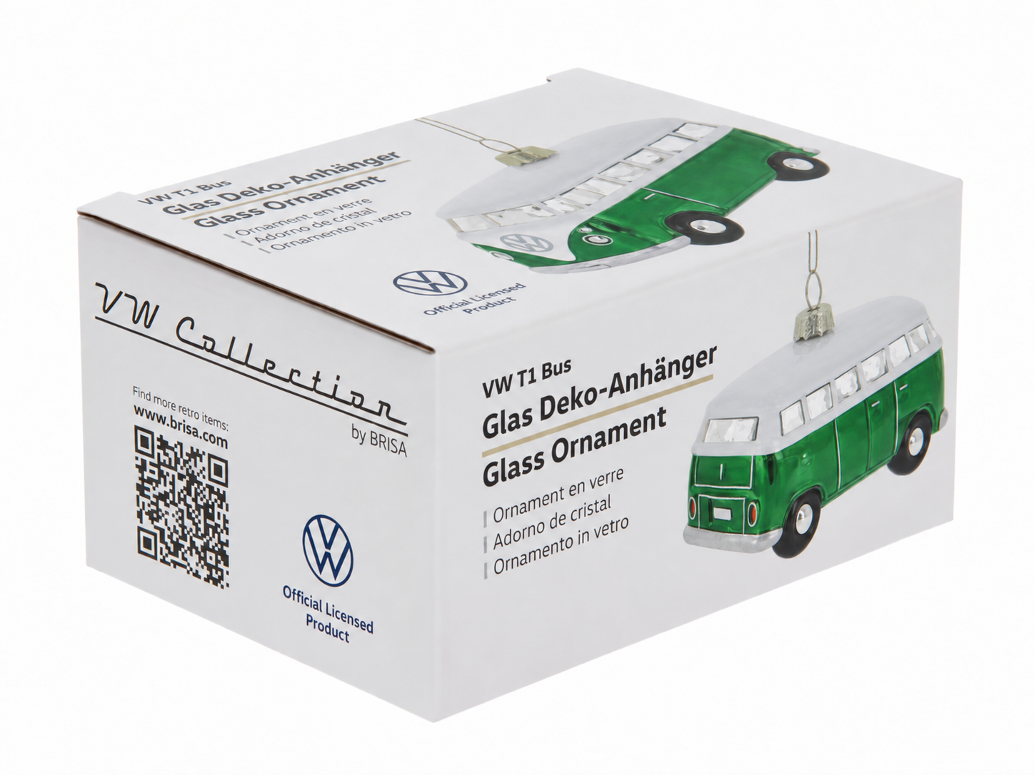 VW T1 Bulli Bus Deko-Anhänger & Weihnachtsschmuck aus Glas in Geschenkbox (Maßstab 1:40)
