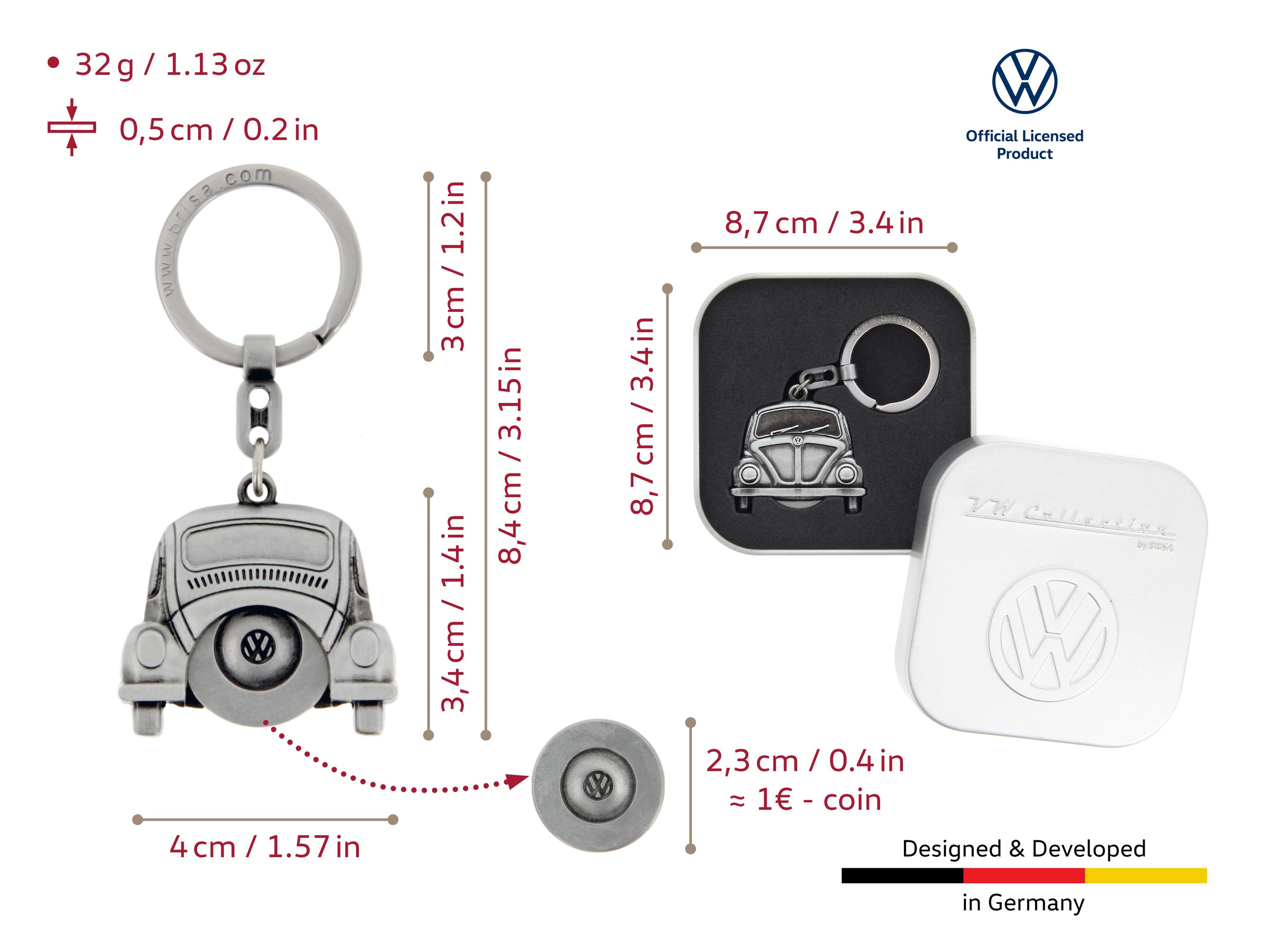 VW Käfer Schlüsselanhänger mit Einkaufswagenchip in Geschenkdose - Antiksilberoptik