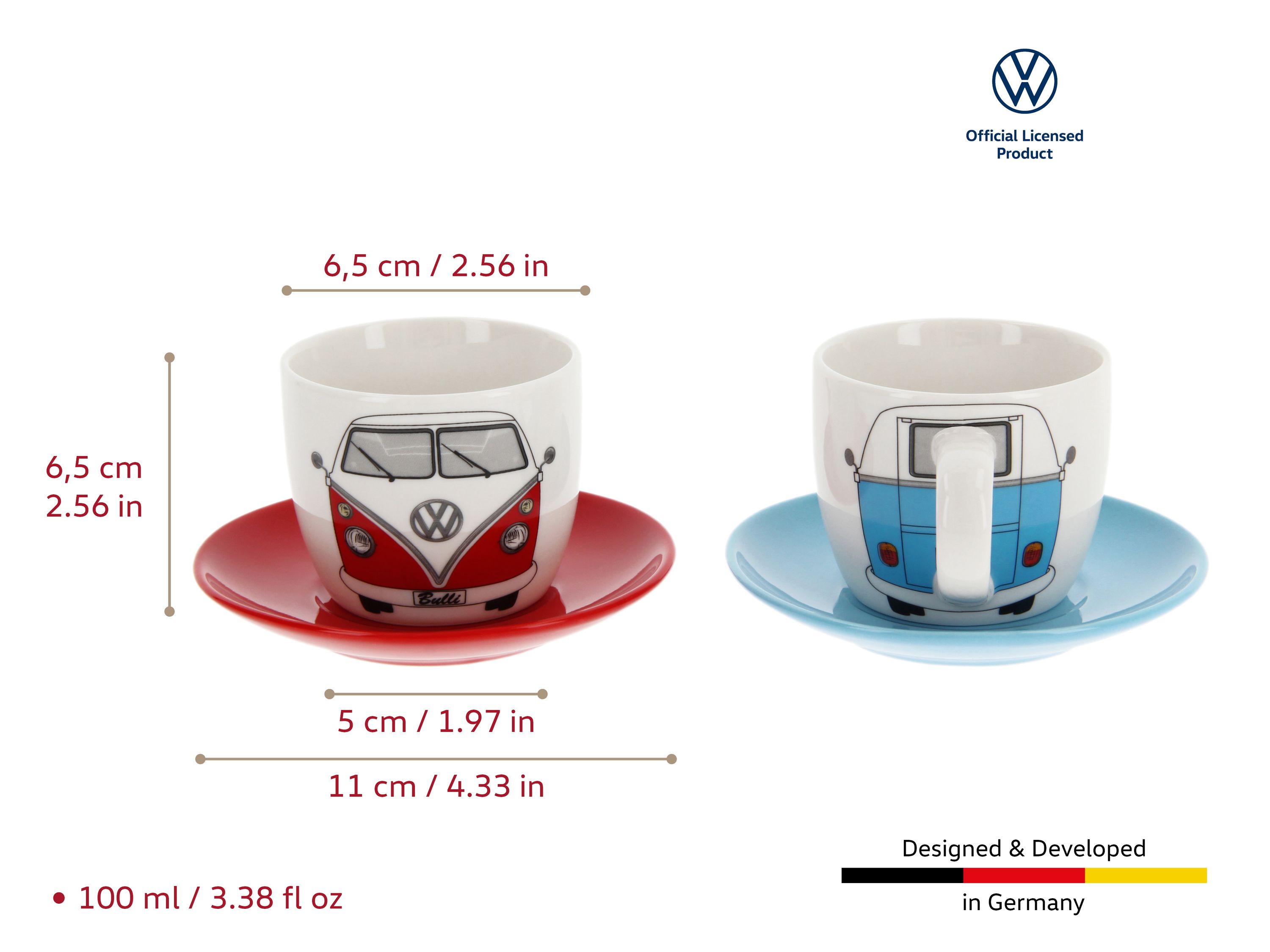 VW T1 Bus Tazzine da caffè Espresso, Set di 2 pezzi, 100ml - Fronte/rosso&blu