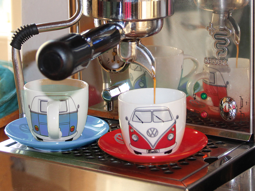 VW T1 Bus Tazzine da caffè Espresso, Set di 2 pezzi, 100ml - Fronte/rosso&blu