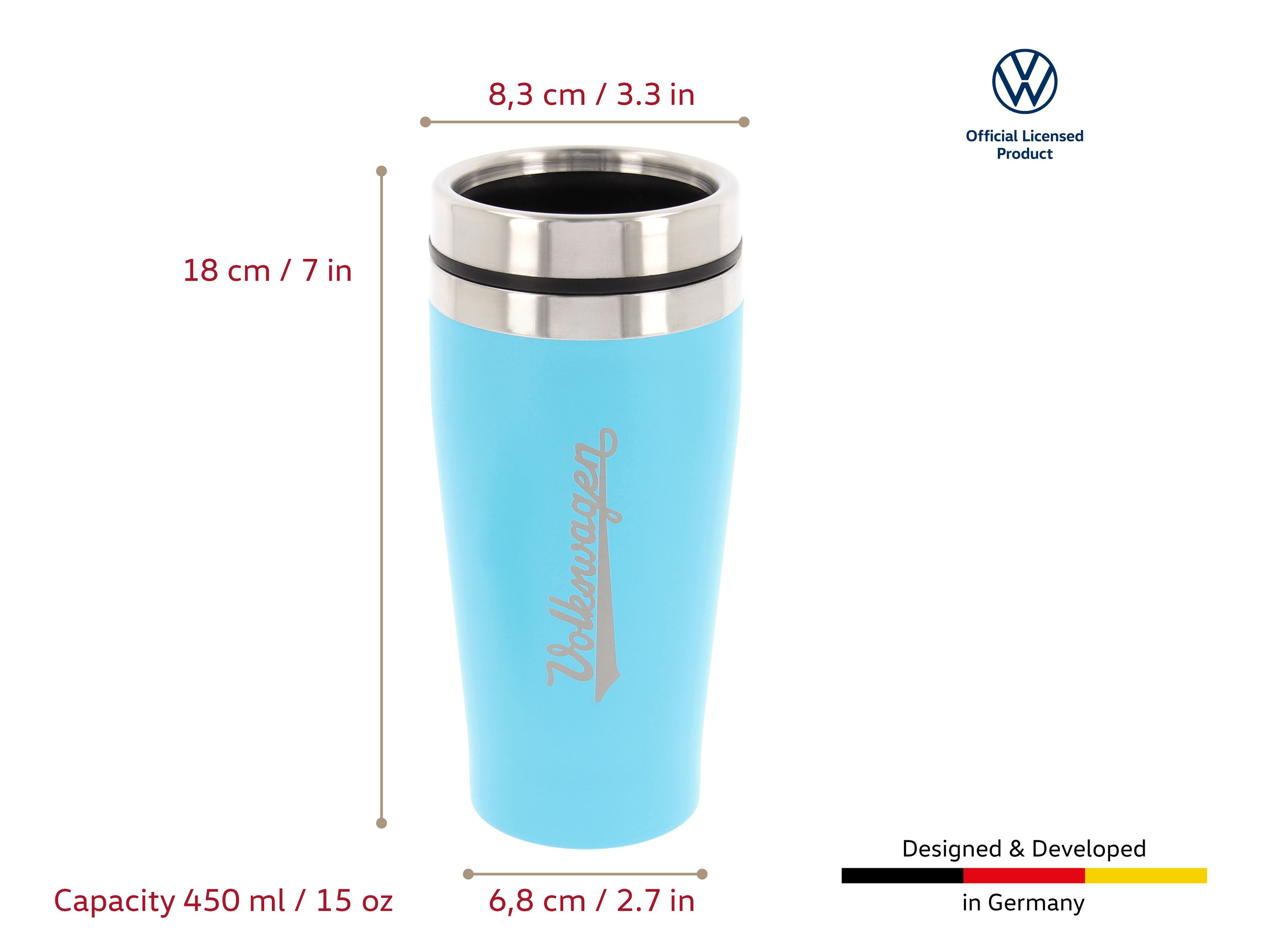 Tazza termica VW in acciaio inox, a doppia parete, 450 ml
