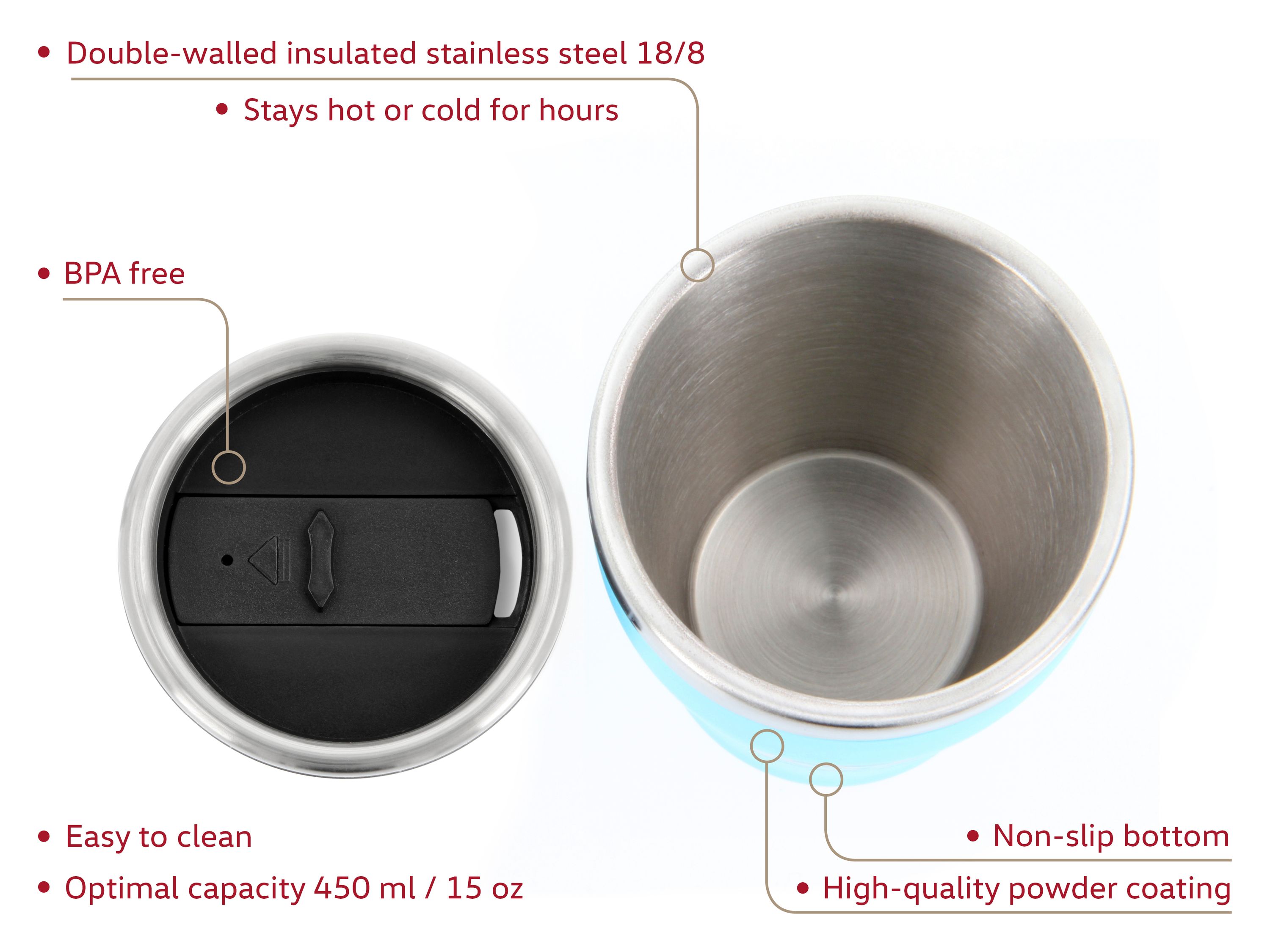 Tazza termica VW in acciaio inox, a doppia parete, 450 ml
