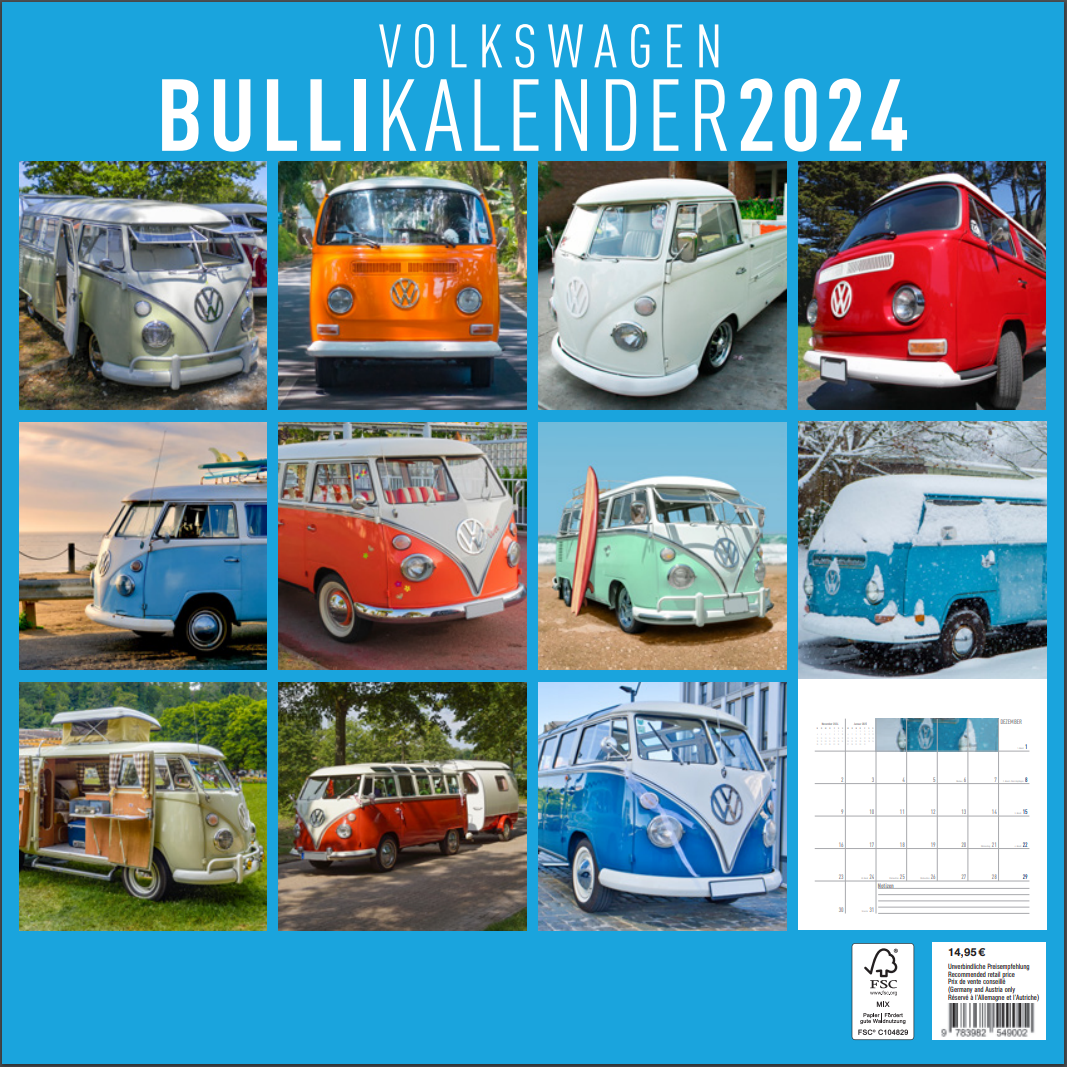 Volkswagen T1 Bus or Beetle Calendar 2024 (Large 70x50cm / Small 30x30cm)