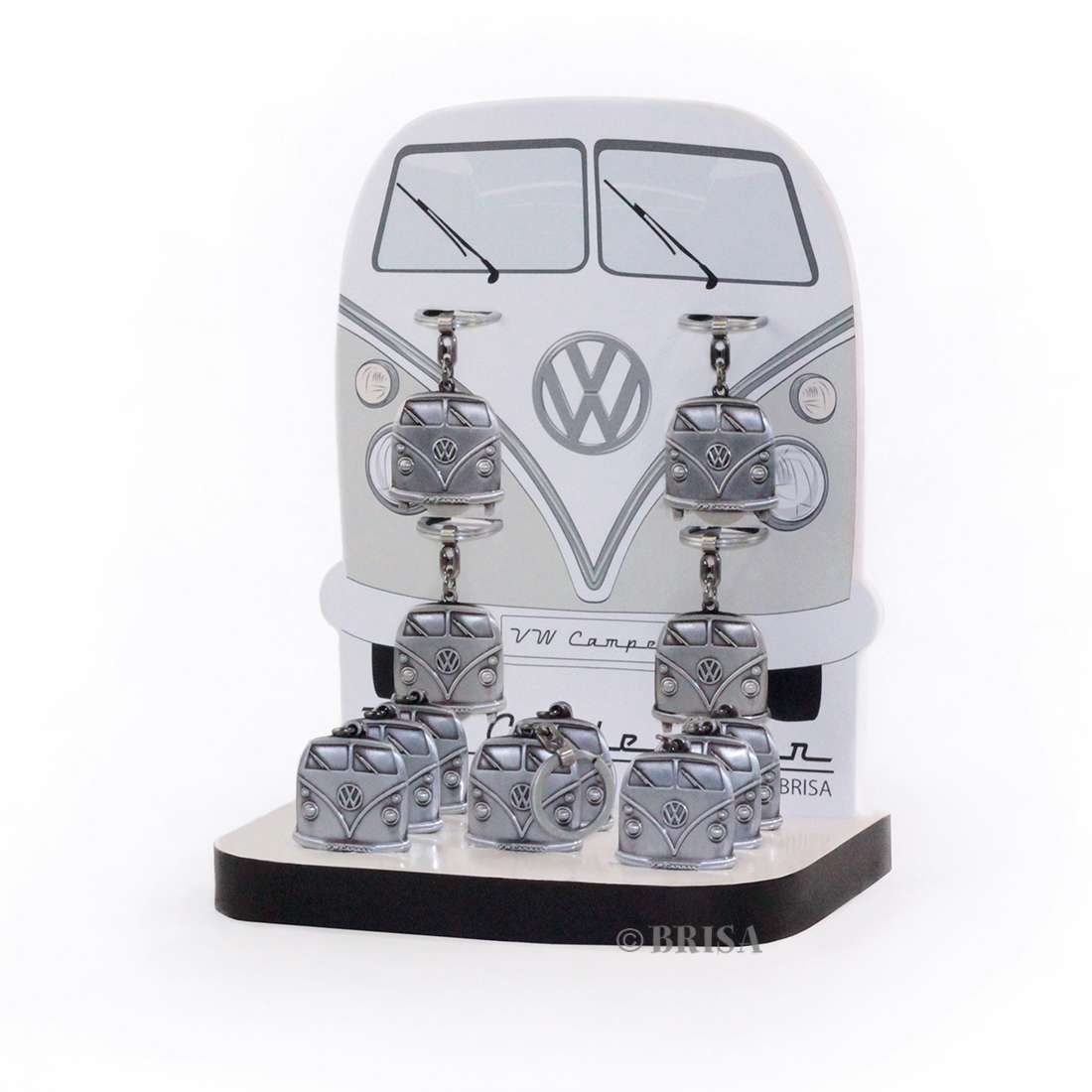 VW T1 BUS KEY HANGER WITH SHOPPING CAR CHIP IN GIFT BOX, SET OF 12 IN DISPLAY - ANTIQUE SILVER OPTICS