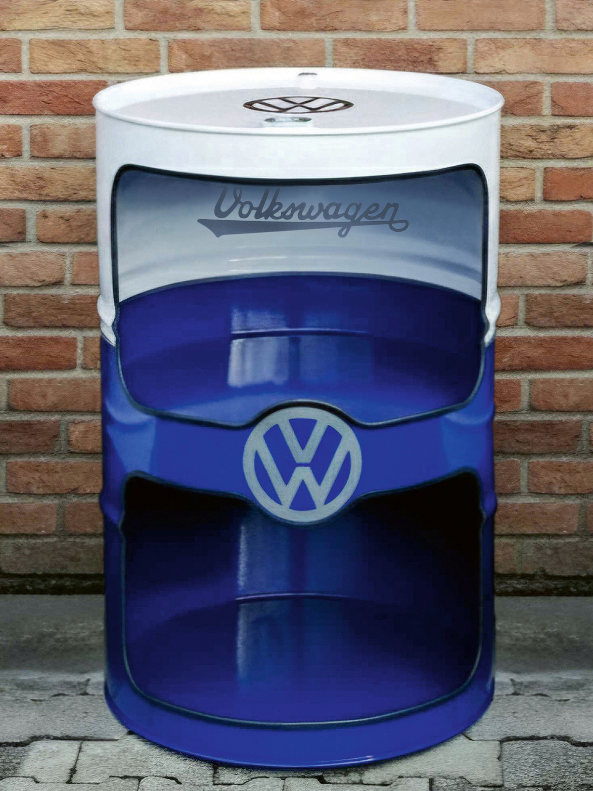 VW T1 Bus Ölfass-Vitrine mit Stehtisch (rot/weiß oder blau/weiß)