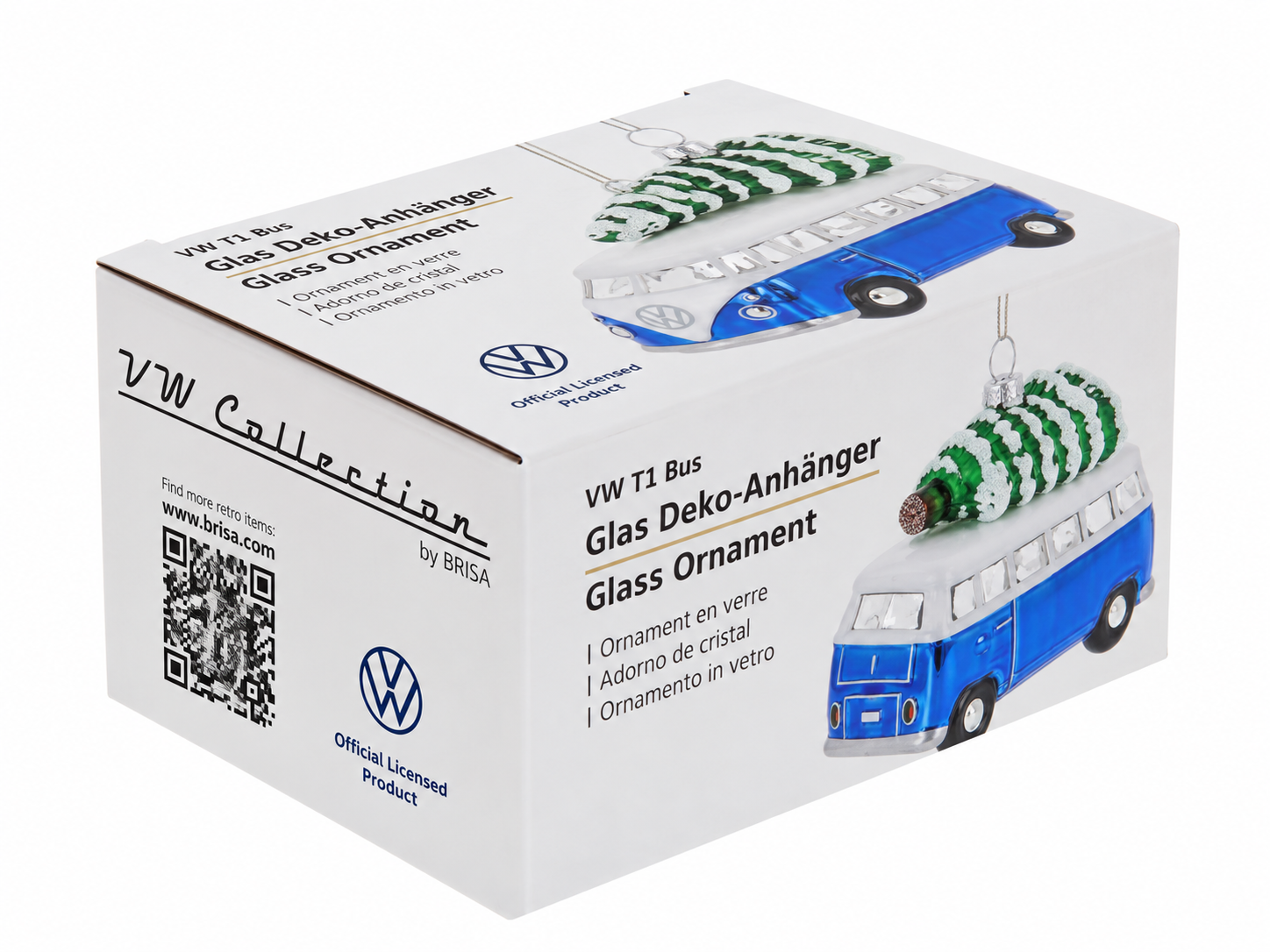 VW T1 Bulli Bus Deko-Anhänger & Weihnachtsschmuck aus Glas in Geschenkbox (Maßstab 1:40)